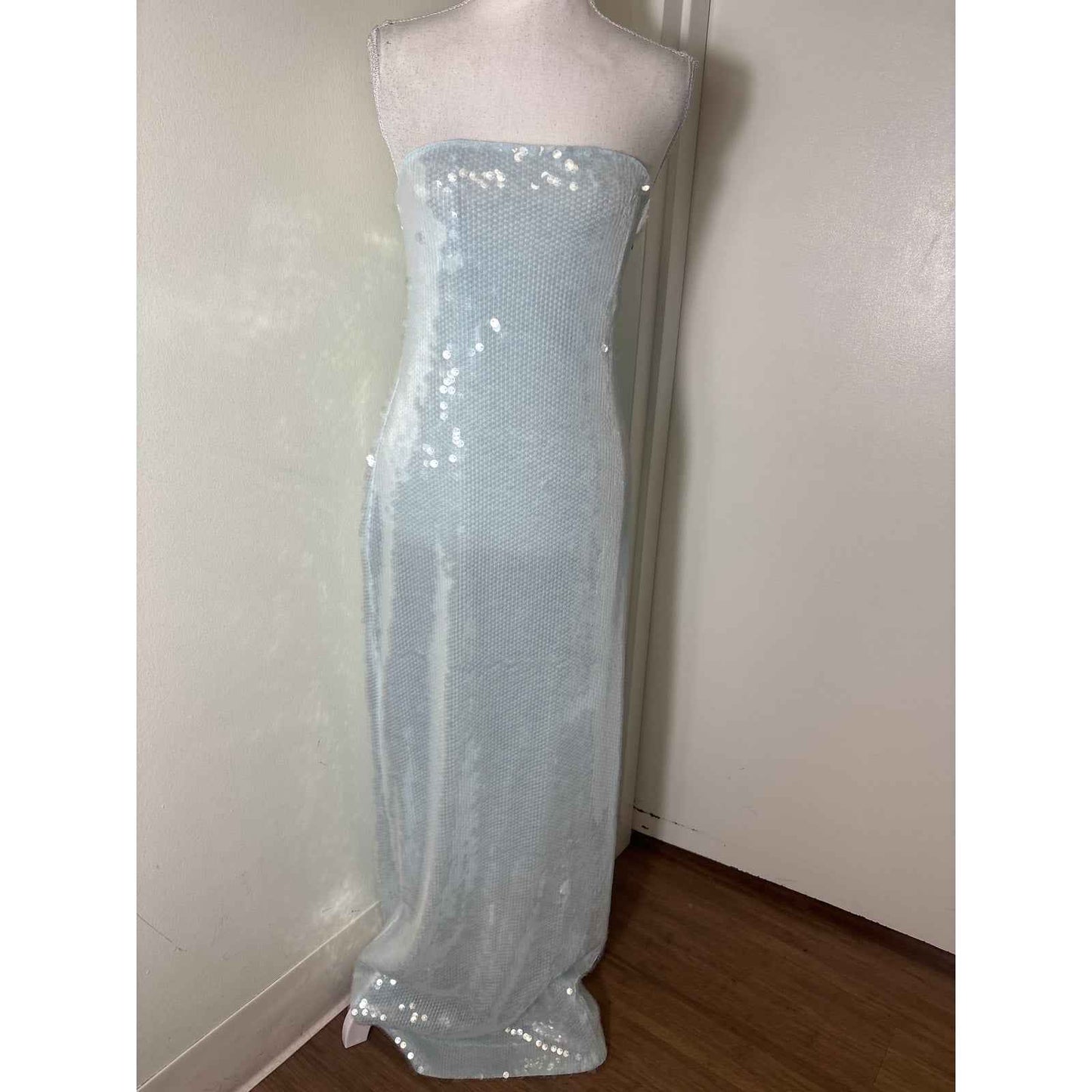 Retrofete New York Strapless Ice Blue With Clear Sequin Column Gown Sz S