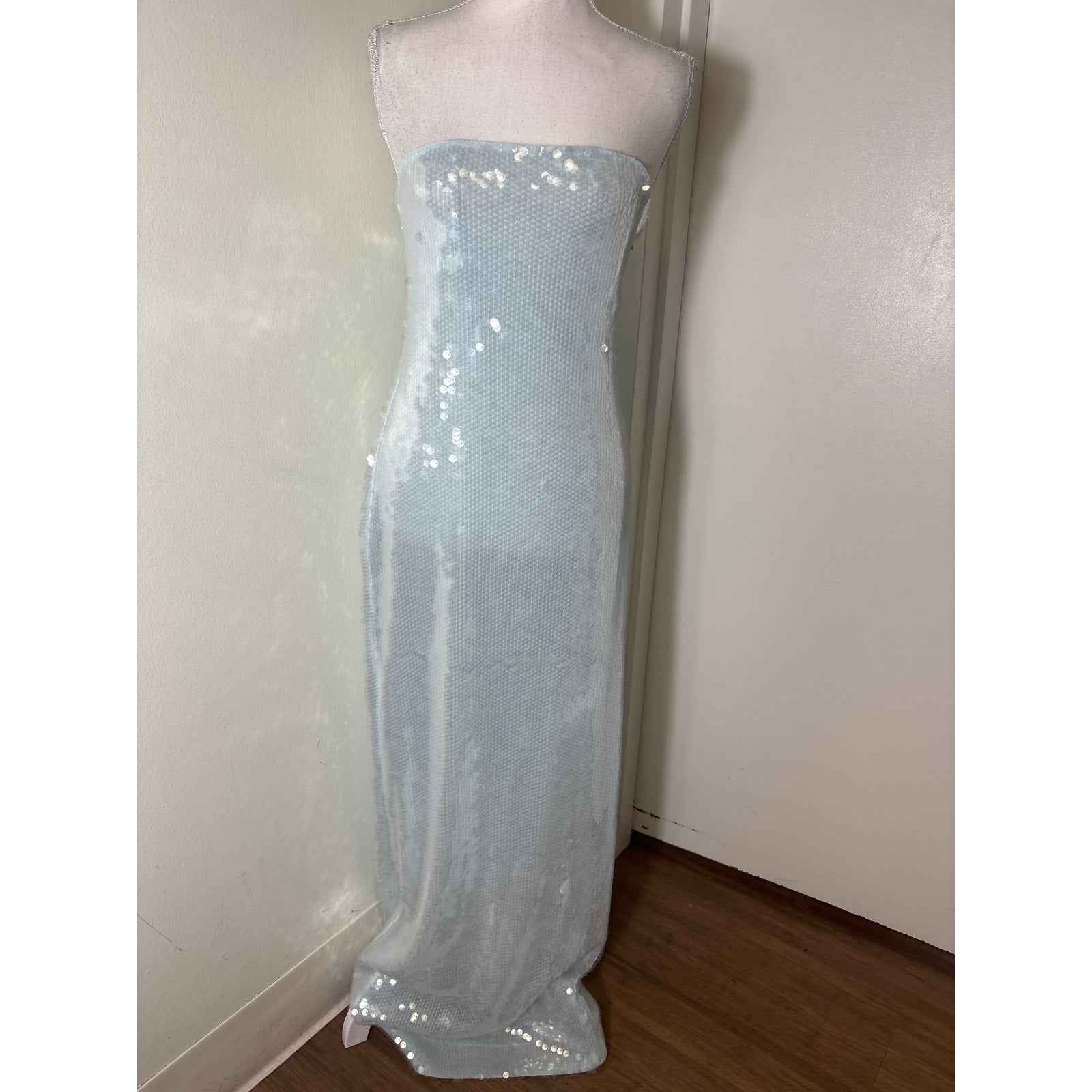 Retrofete New York Strapless Ice Blue With Clear Sequin Column Gown Sz S