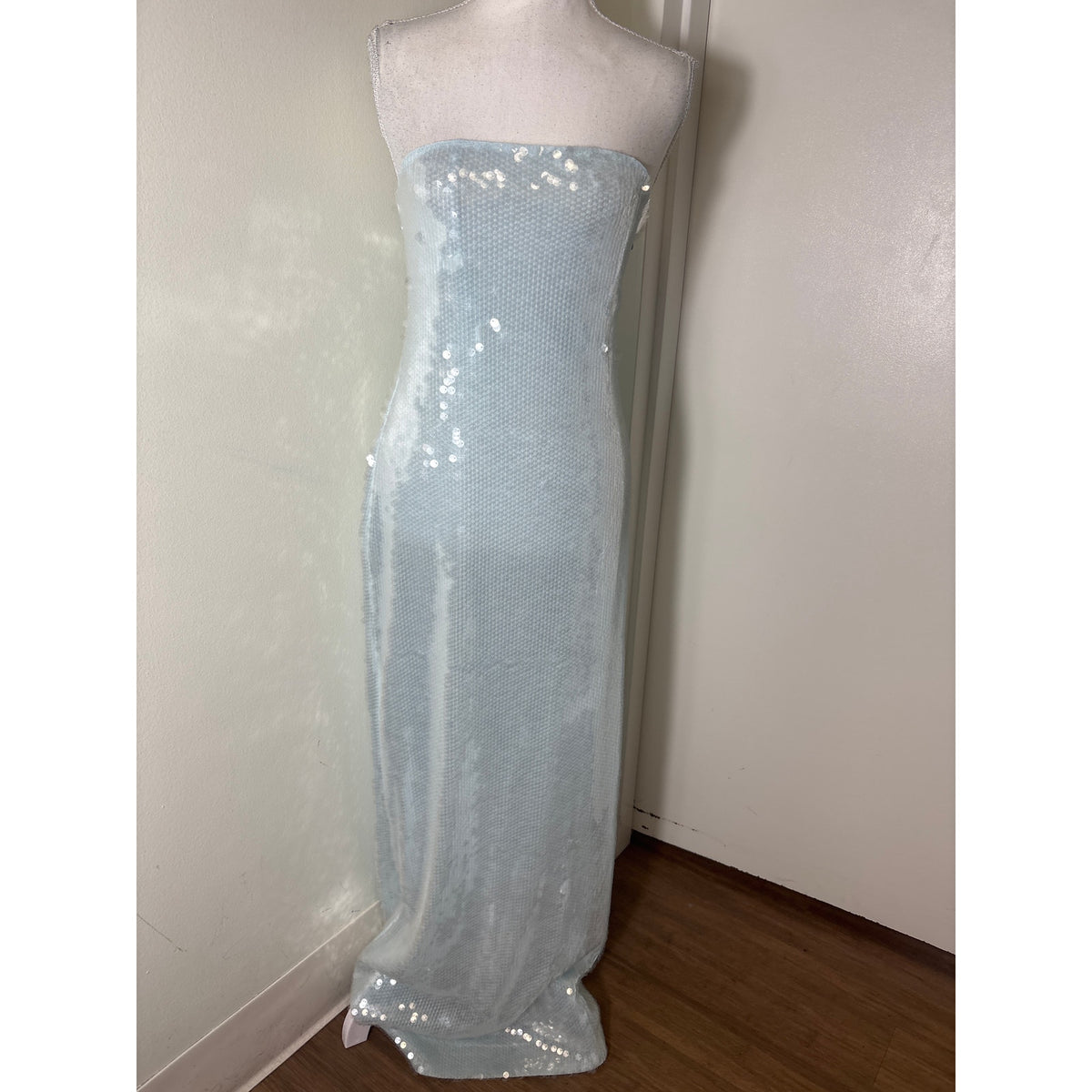 Retrofete New York Strapless Ice Blue With Clear Sequin Column Gown Sz S