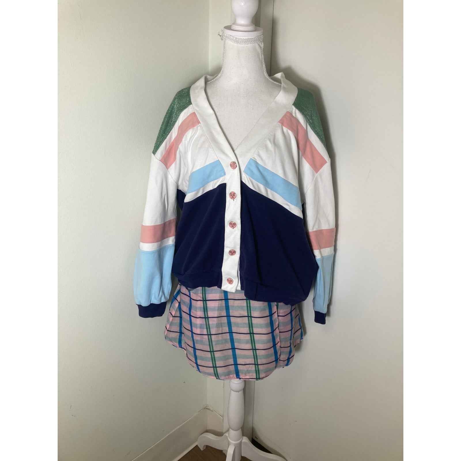 Buru Tennis Striped Cardigan and Wrap Skirt Set Sz S/M