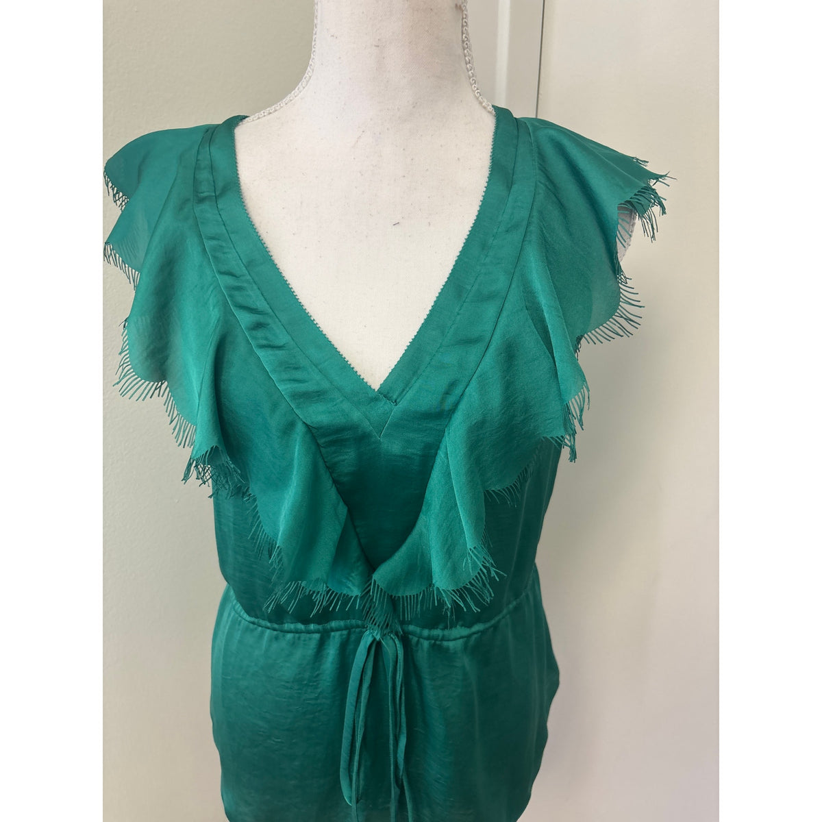 Rebecca Taylor Green Sleeveless Ruffle V-Neck Scalloped Ruffle Shirt Sz 4
