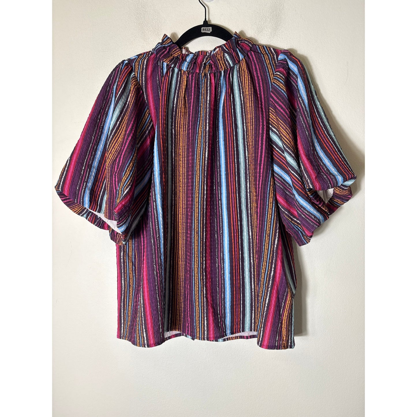 THML Multicolor Stripe Half Puff Sleeve High Collar Top Sz L