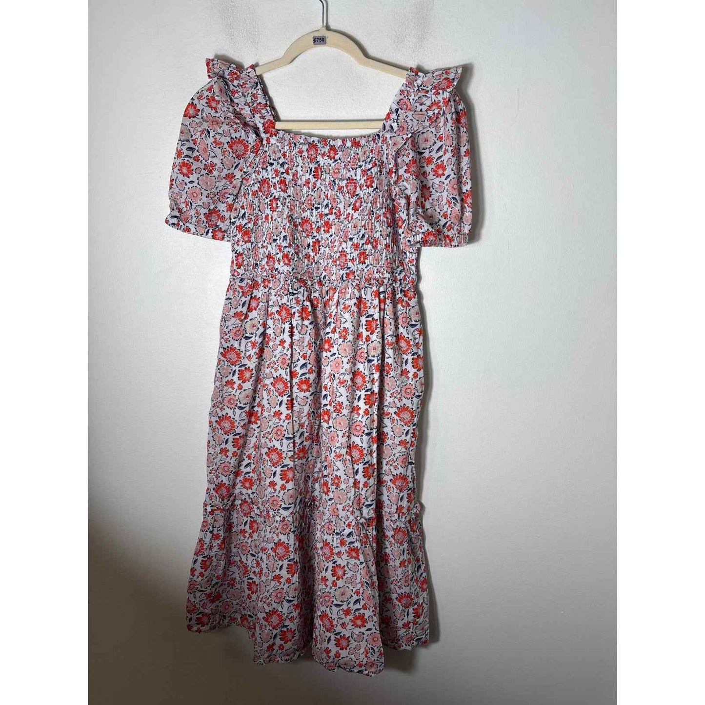 Vineyard Vines Orange Navy Floral Short Sleeve Cotton Smocked Dress Sz L