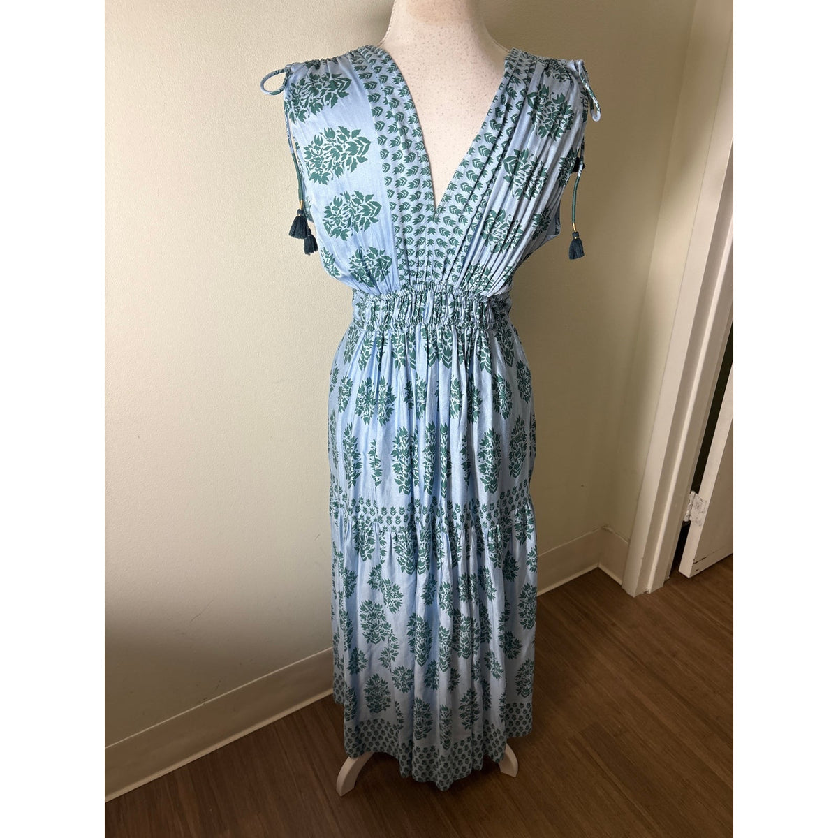 Omika Blue With Green Floral Maxi Dress Sz S