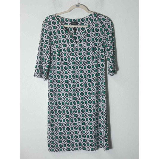 Laundry by Design Green White Geometric Print 3/4 Sleeve Length Shift Dress Sz 2