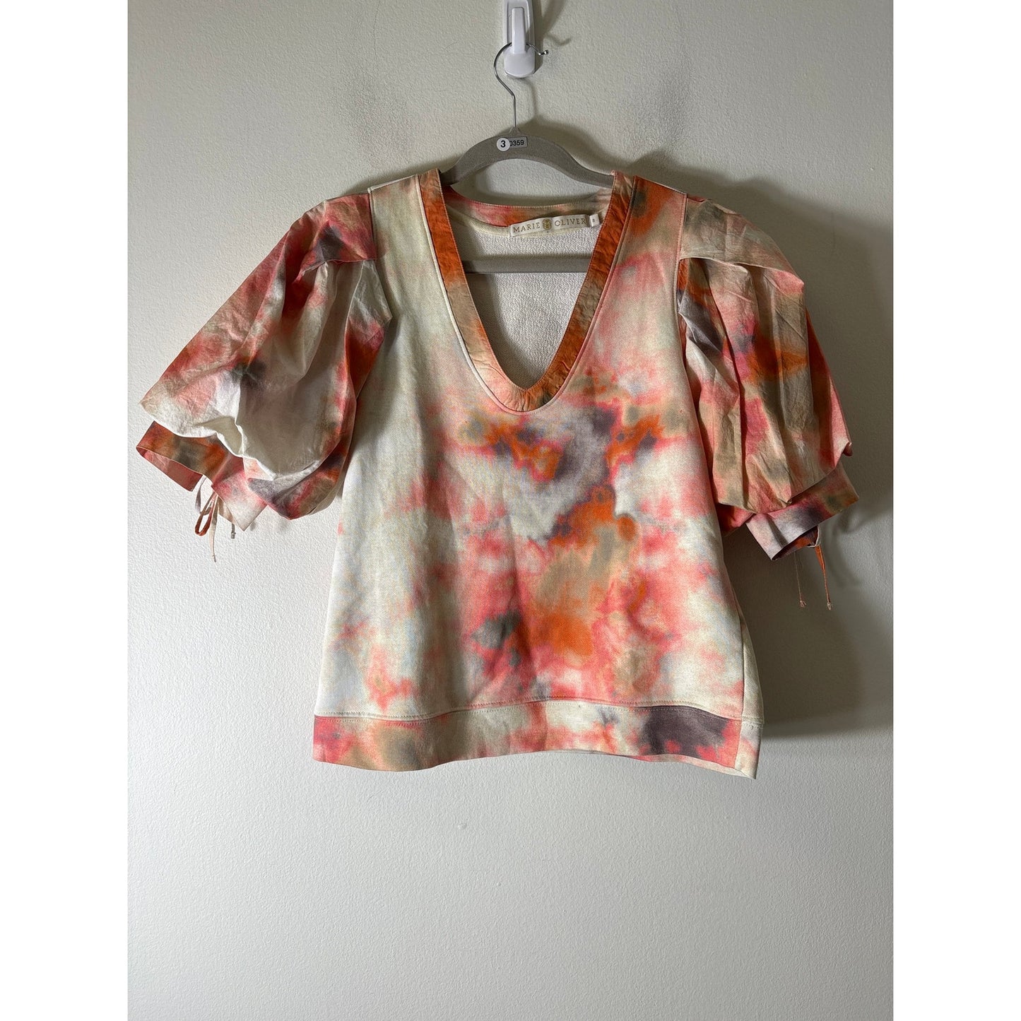 Marie Oliver Orange and Cream Tie Dye Puff Sleeve Pima Cotton Top Sz S