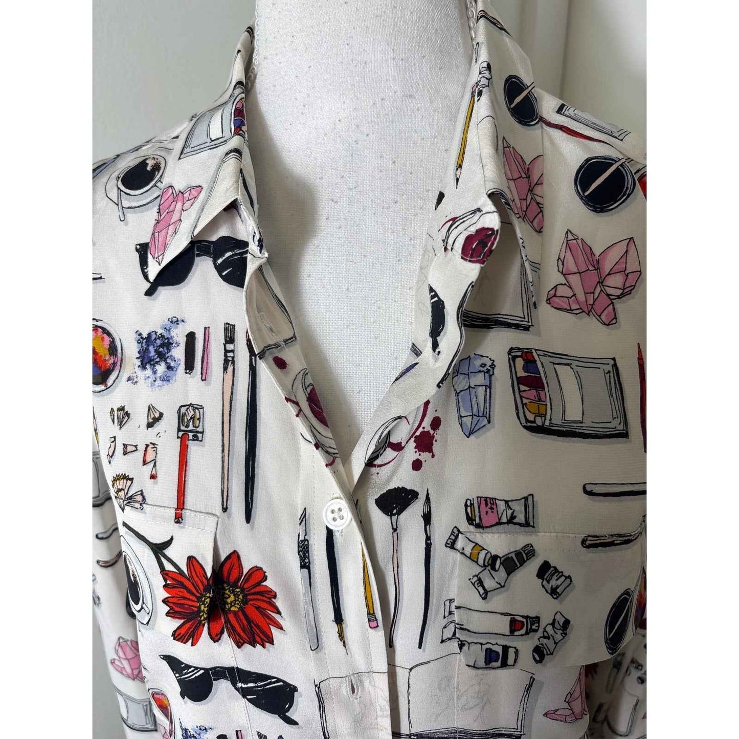 Equipment Femme White Art Print Long Sleeve Silk Button Up Shirt Sz M