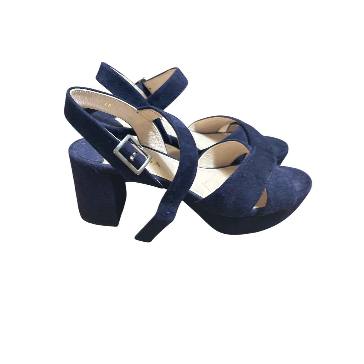 NWOB Prada Navy Blue Velvet Platform Sandel with 3" Chunky Heel Sz 38