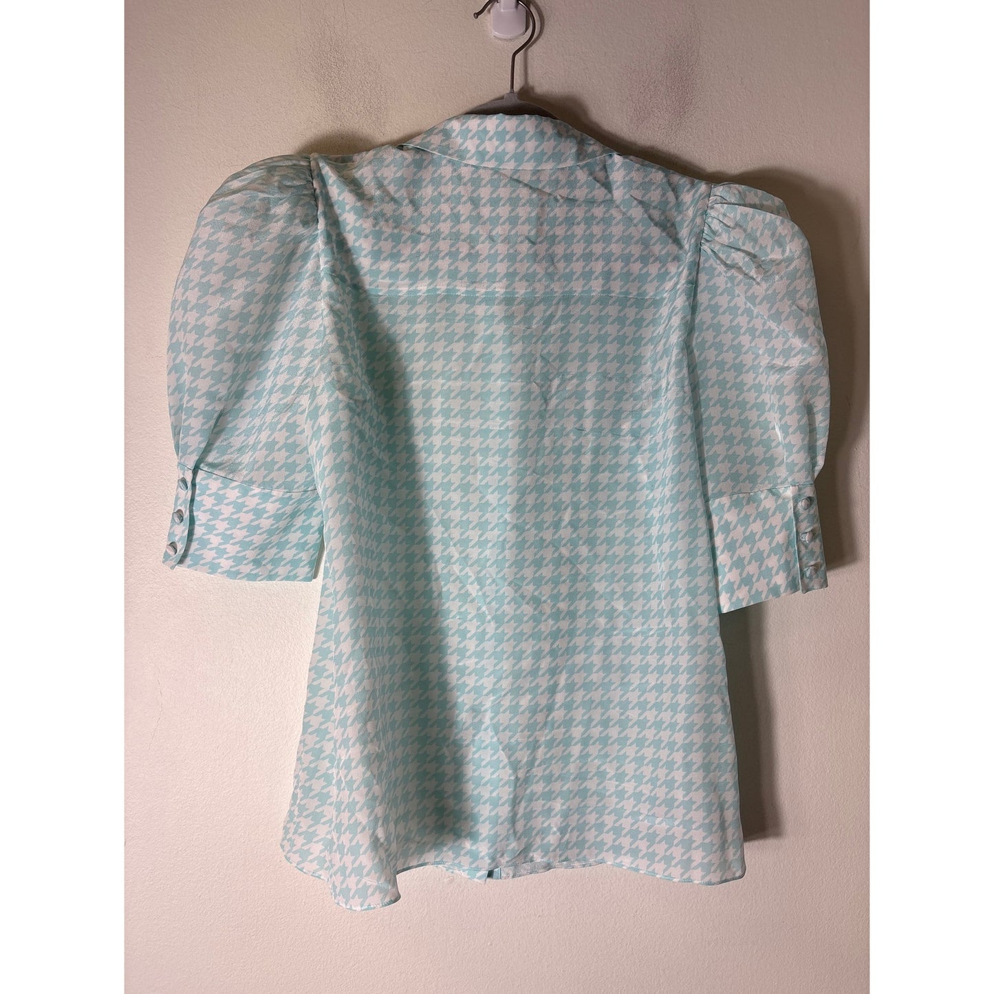 Alice + Olivia Aqua and White Houndstooth Button Up Puff Sleeve Blouse Sz S