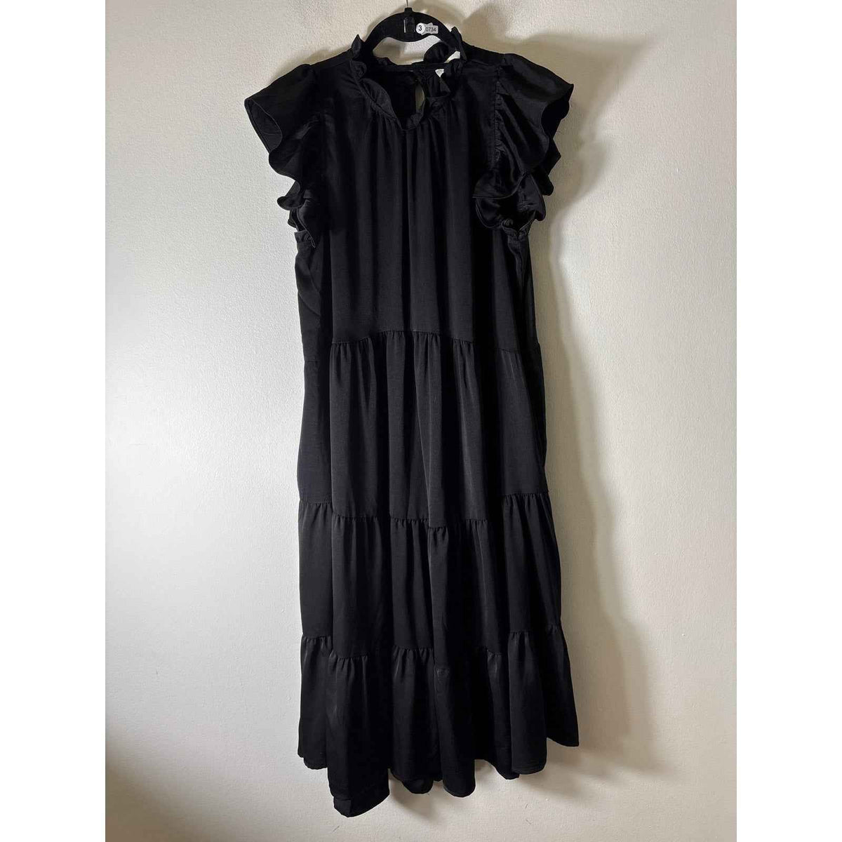 Pinch Black Flutter Sleeve High Collared Tiered Dress Sz L