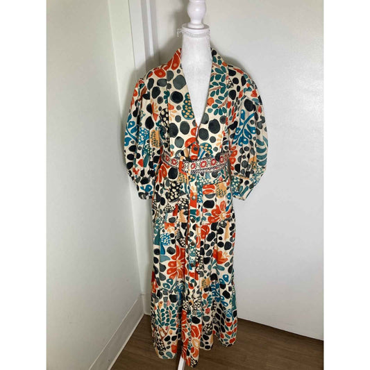 Farmrio Multicolor Half Puff Sleeve Button Up Maxi Dress Sz S