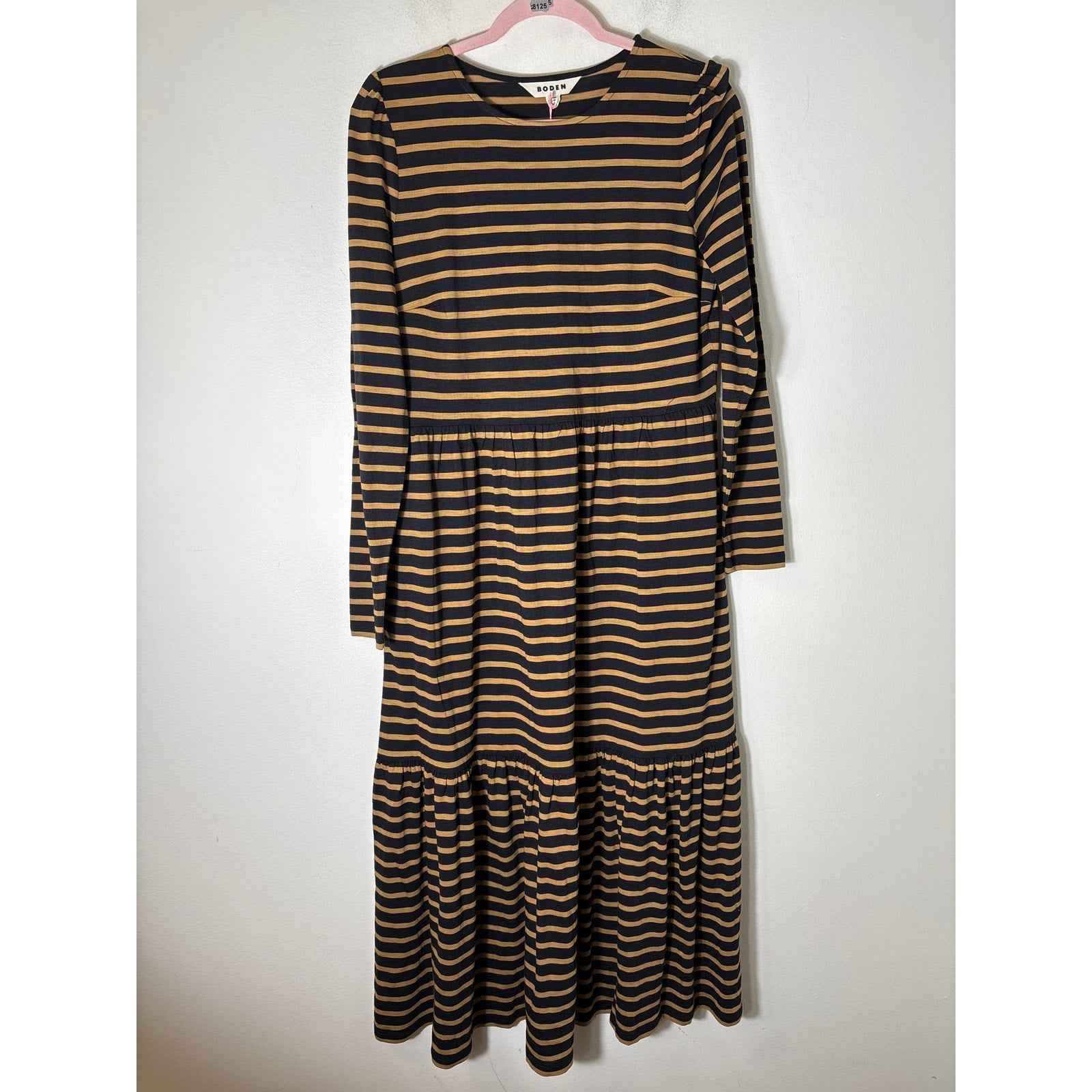NWT Boden Black Gold Stripe Long Sleeve Tencel Maxi Dress Sz 8