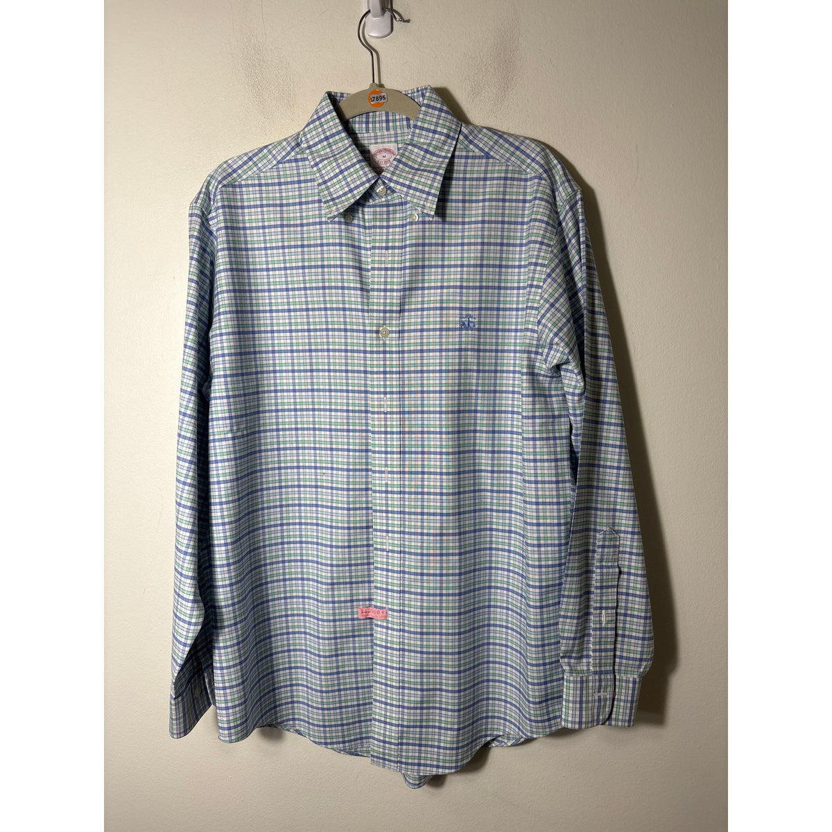 Mens Brooks Brothers Green and Blue Mini Windowpane Long Sleeve Dress Shirt Sz M