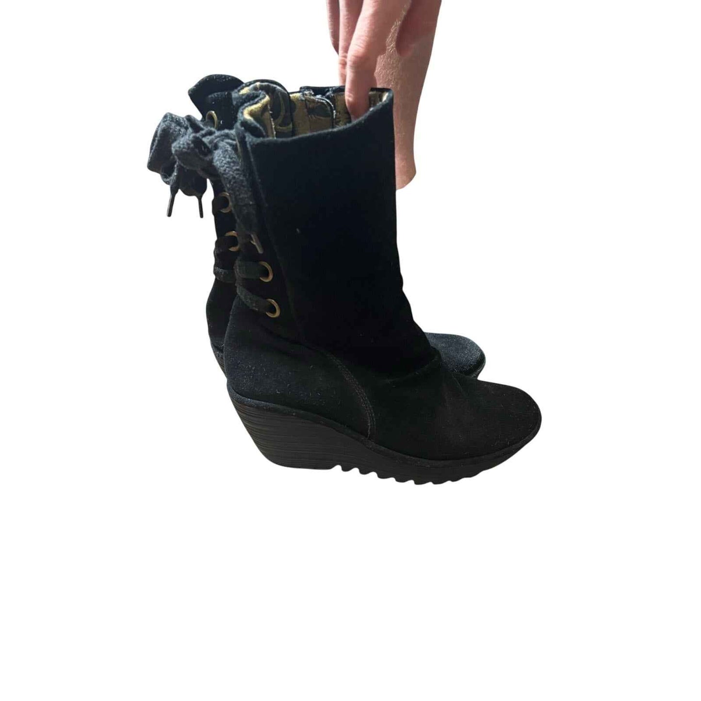 Fly London Black Suede Mid Calf Zip Up Boots with Lace Up Back Sz 8.5