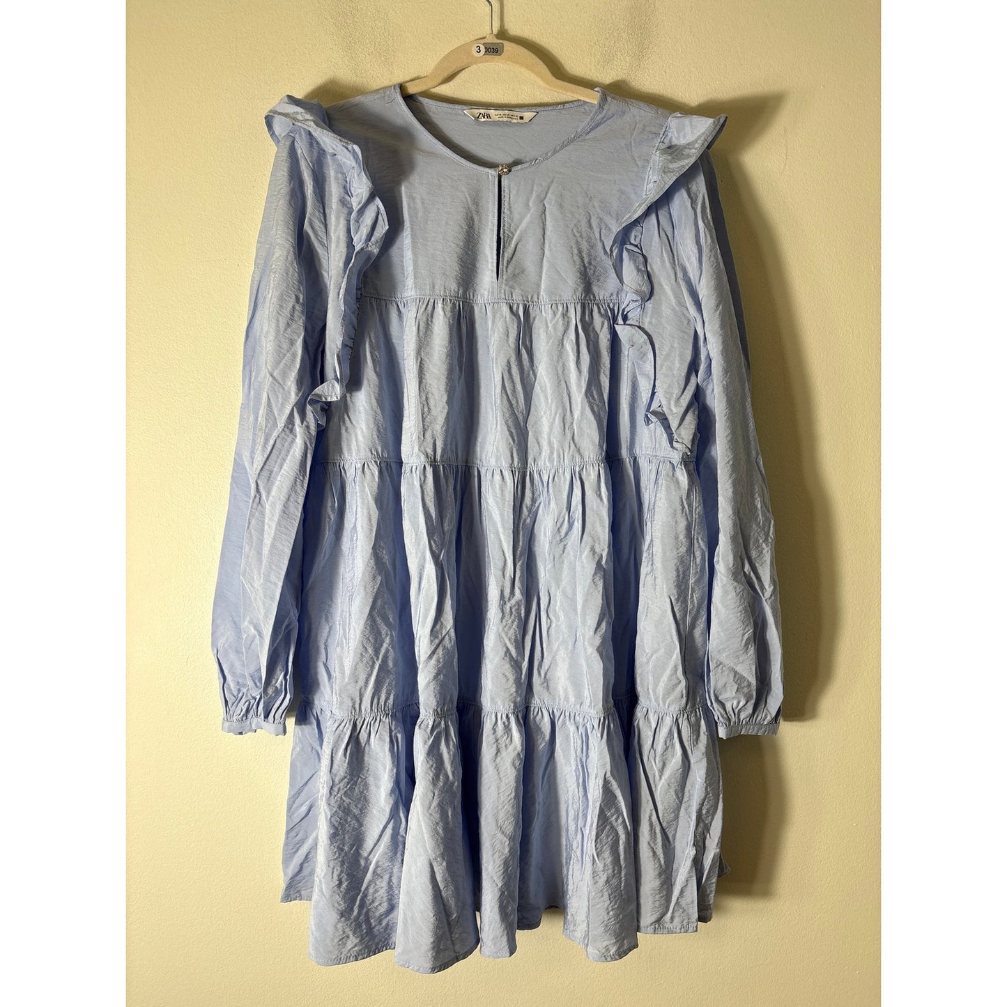 Zara Light Blue Long Sleeve Tiered Cotton Knee Length Dress Sz XL
