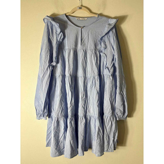 Zara Light Blue Long Sleeve Tiered Cotton Knee Length Dress Sz XL
