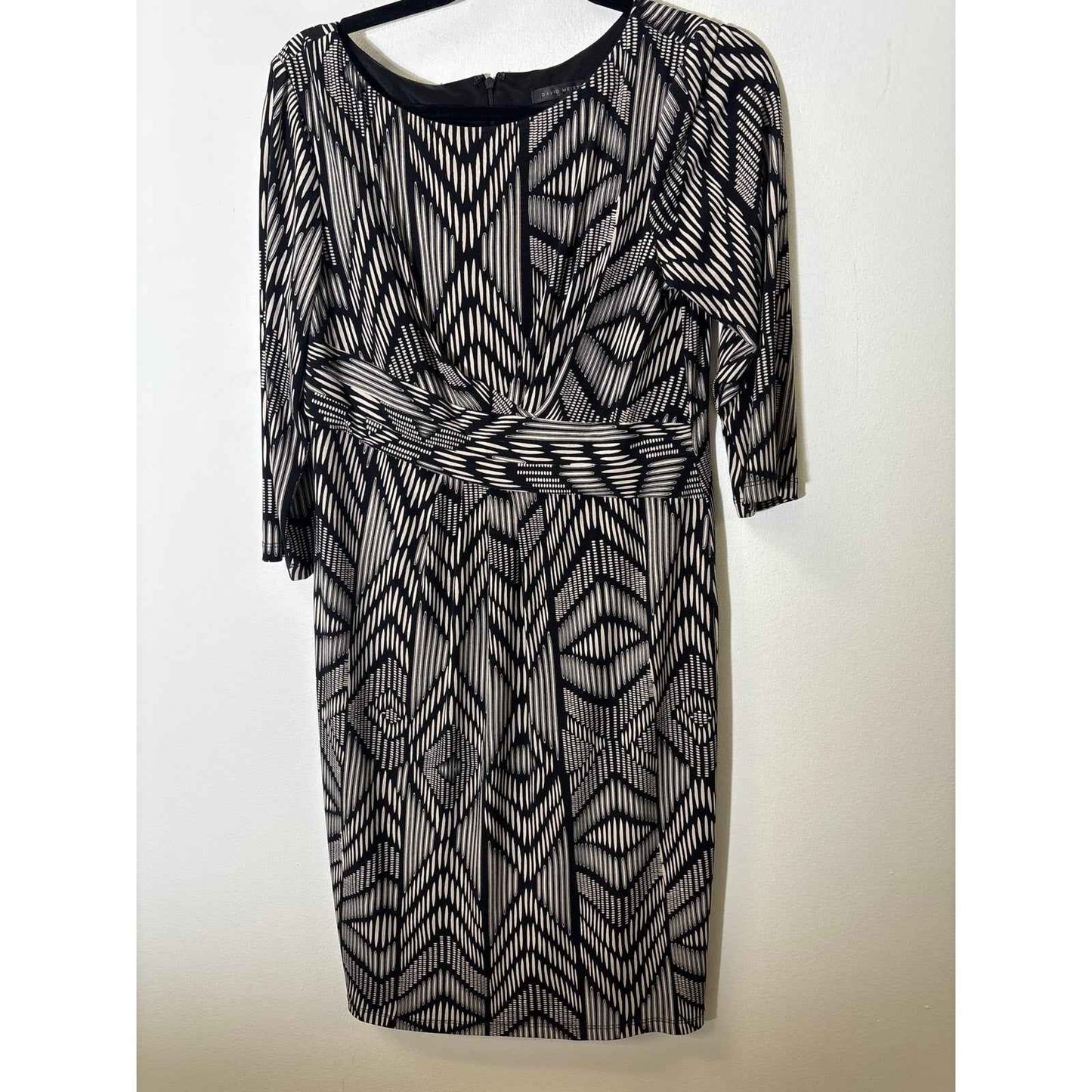 David Meister Black White Geo Print 3/4 Sleeve Knee Length Dress Sz 10