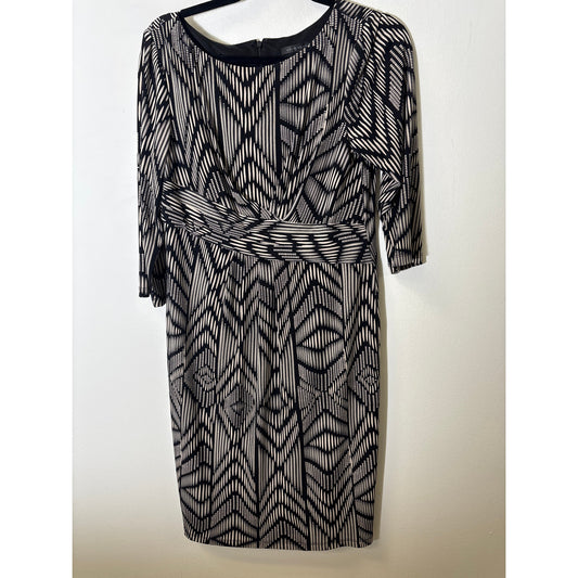 David Meister Black White Geo Print 3/4 Sleeve Knee Length Dress Sz 10