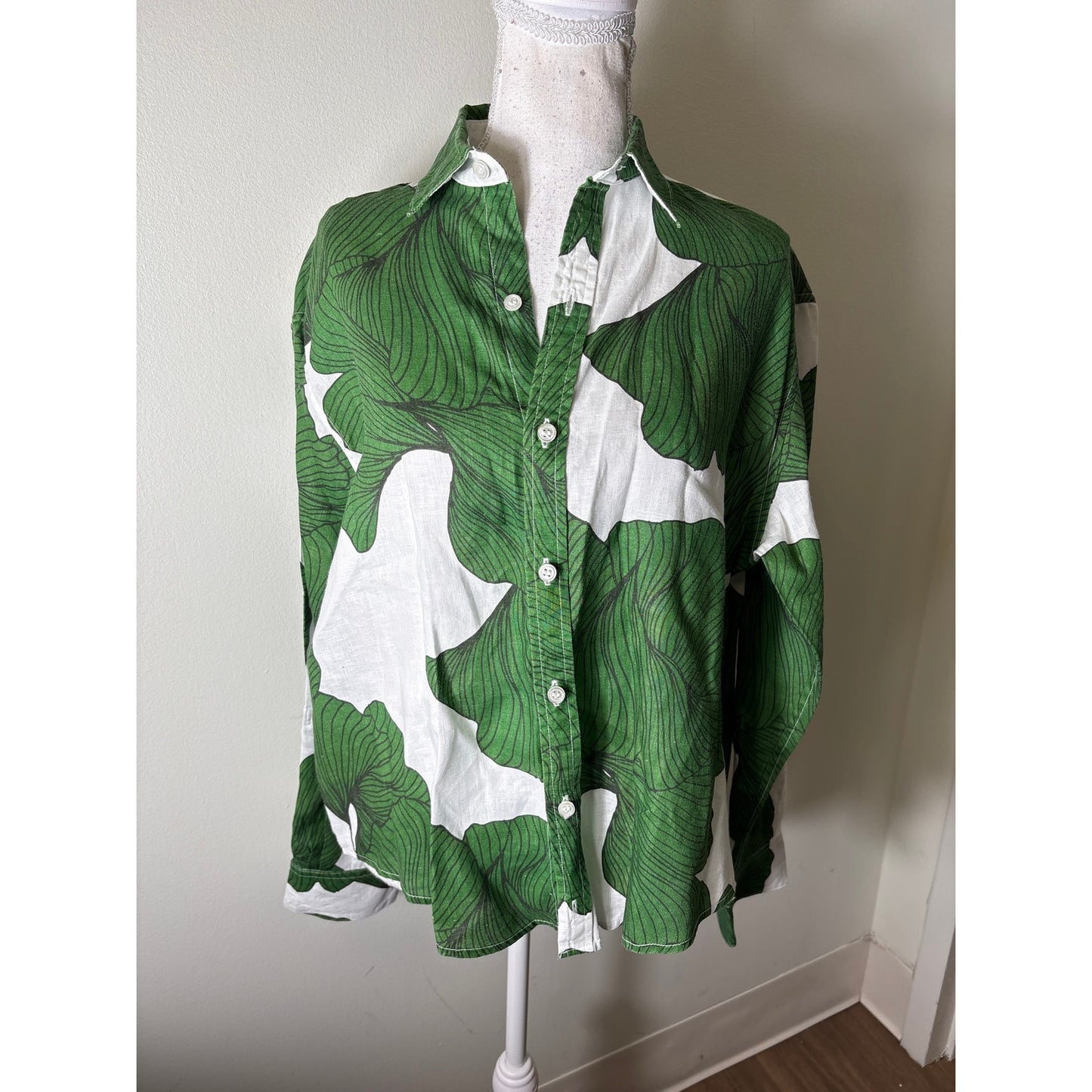 Emily Phillips Linen Green and White Leaf Button Up Shirt Sz XL