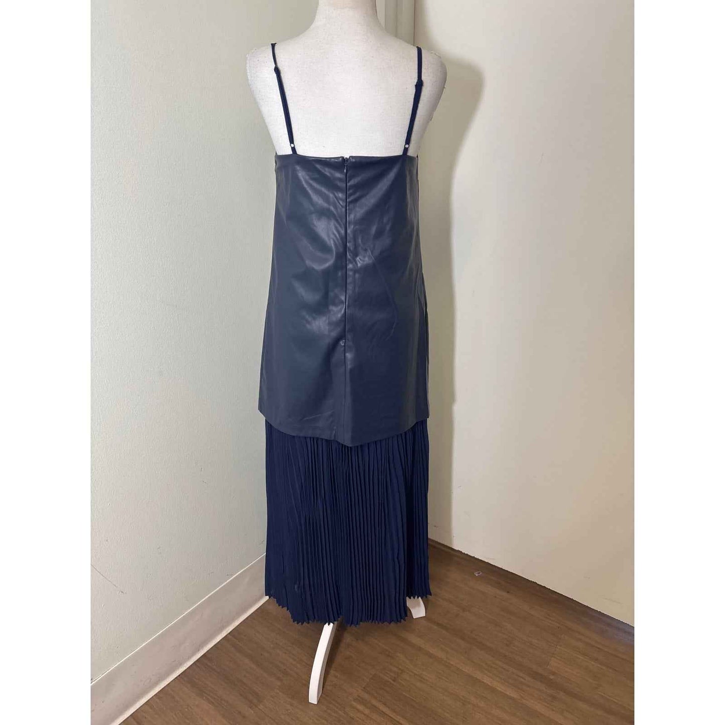 NWT Hyacinth House Navy Faux Leather and Chiffon Pleated Maxi Dress Sz S