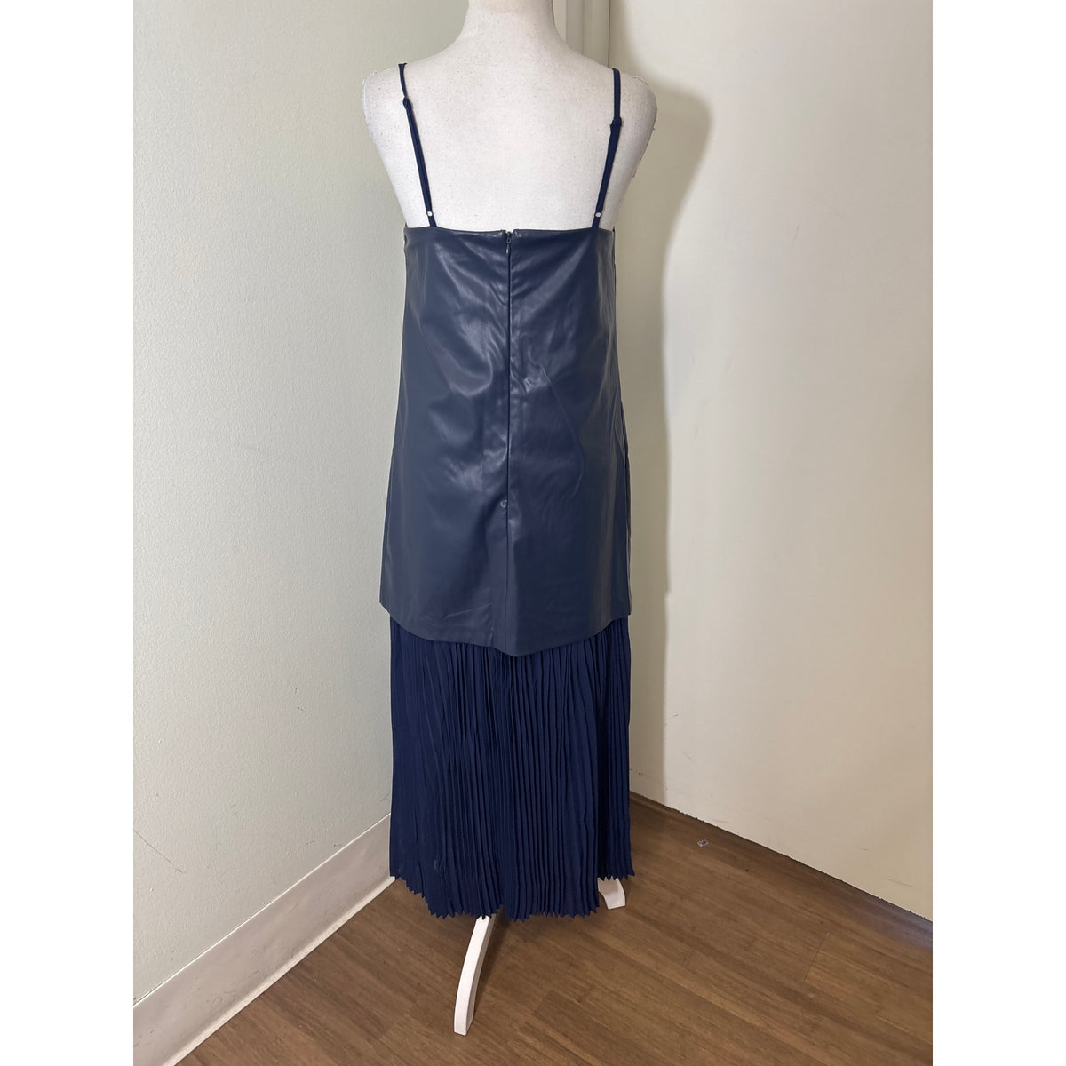 NWT Hyacinth House Navy Faux Leather and Chiffon Pleated Maxi Dress Sz S