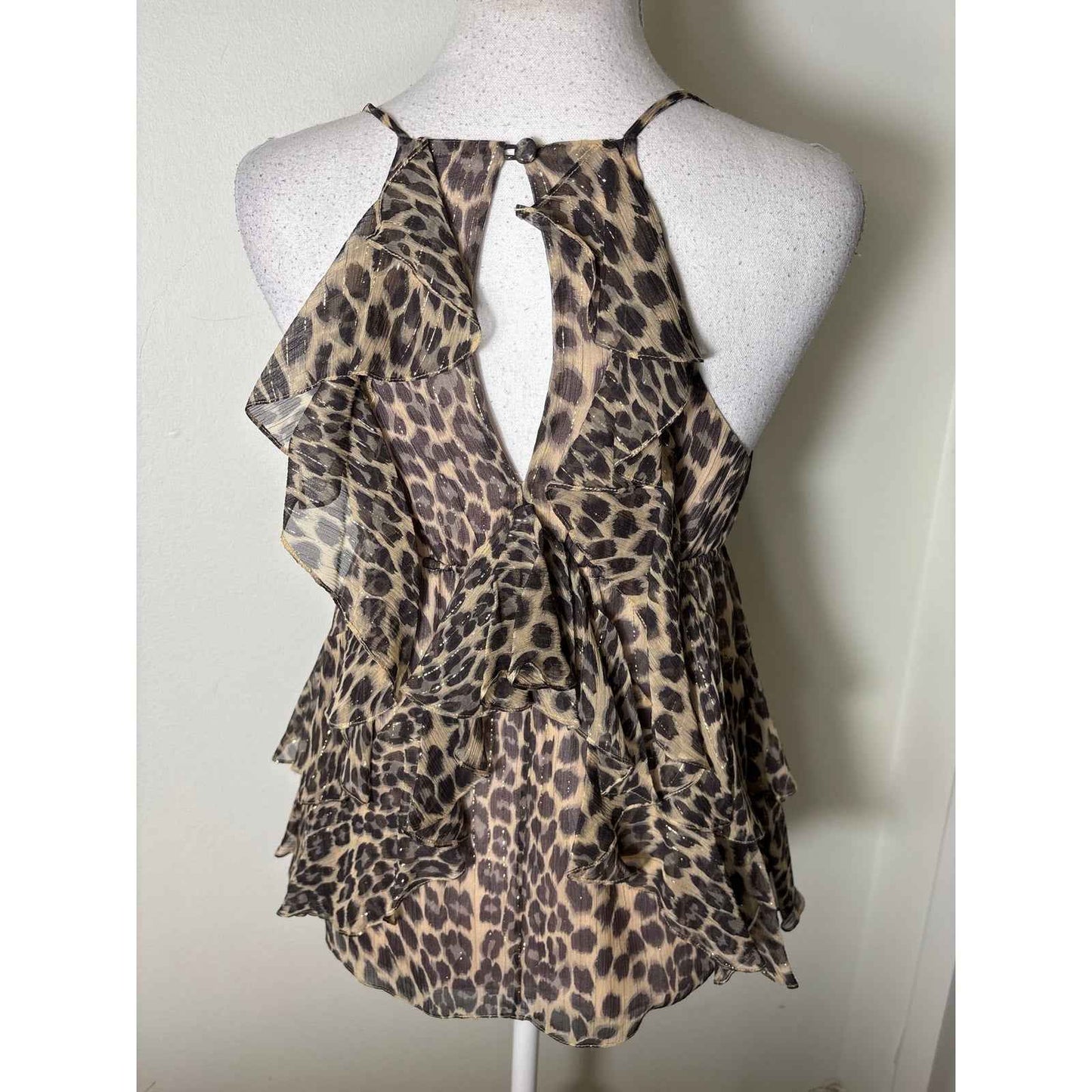 Rebecca Taylor Tan Gray Cheetah Print Spaghetti Strap Silk Top Sz 4