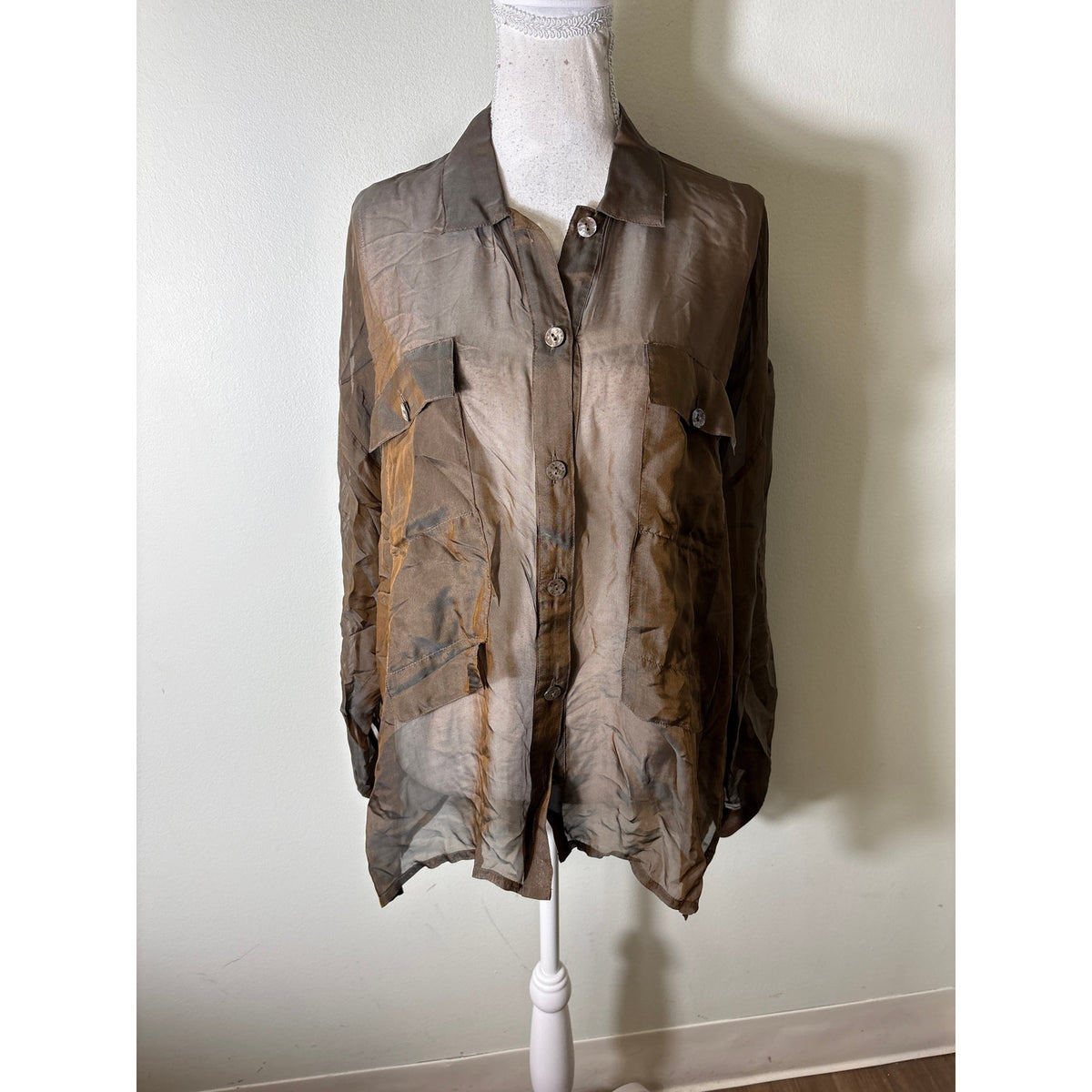 Britte Kai Rand Brown Sheer Button Up Blouse Sz M