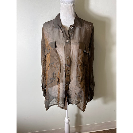 Britte Kai Rand Brown Sheer Button Up Blouse Sz M