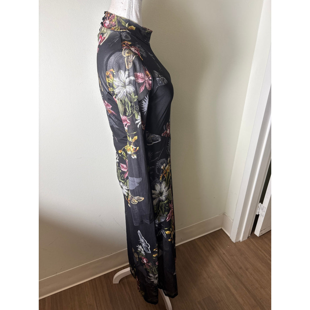 NWT All Saints Black Floral Sheer Long Sleeve Maxi Dress Sz 6