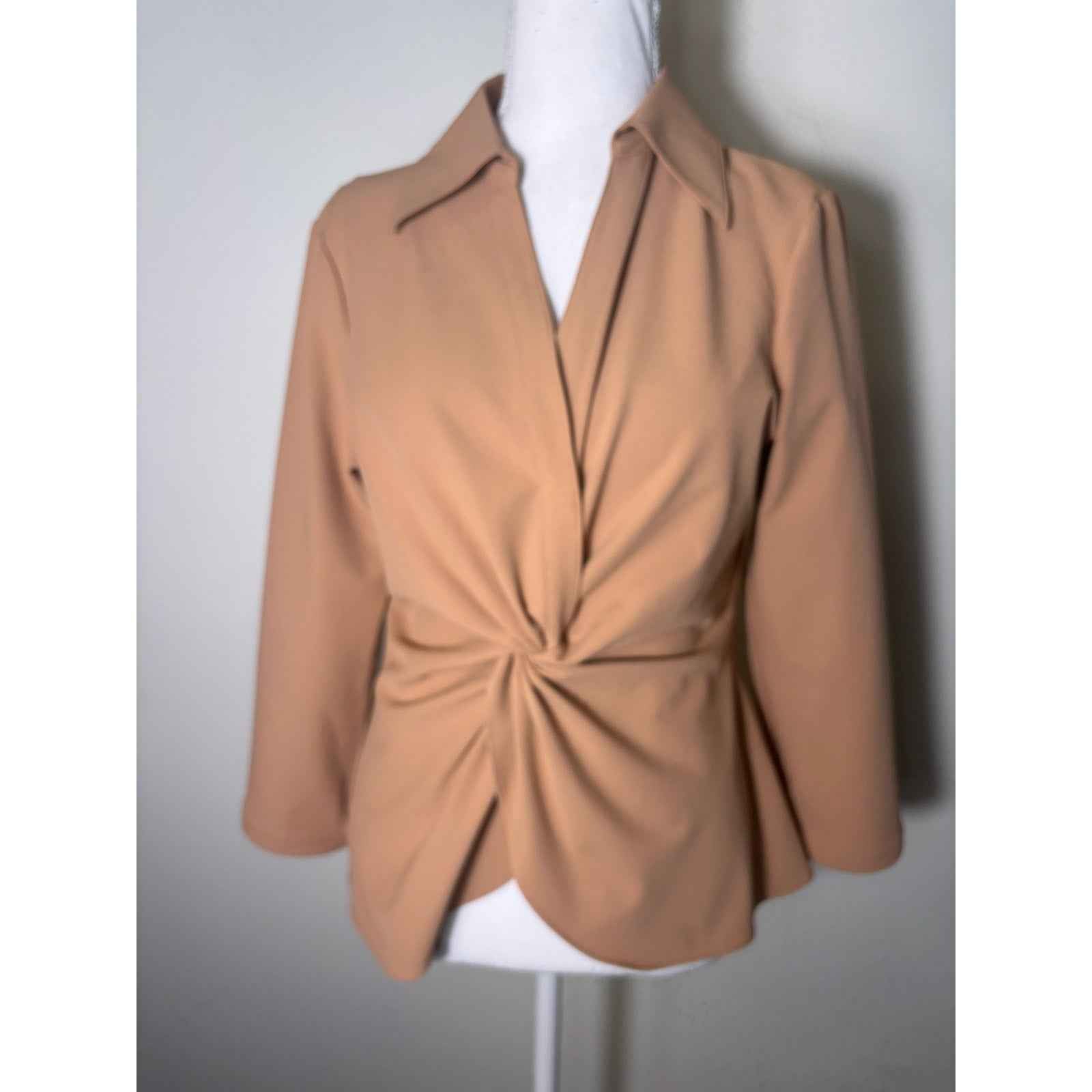 NWT Cinq a Sept Caramel Long Sleeve V-Neck Collared Twist Top Sz M