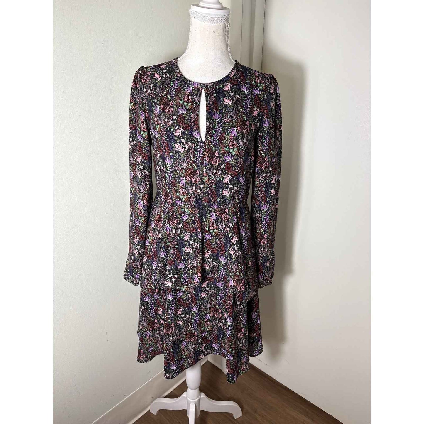 Philosophy Black Floral Keyhole Long Sleeve Tiered Dress Sz S