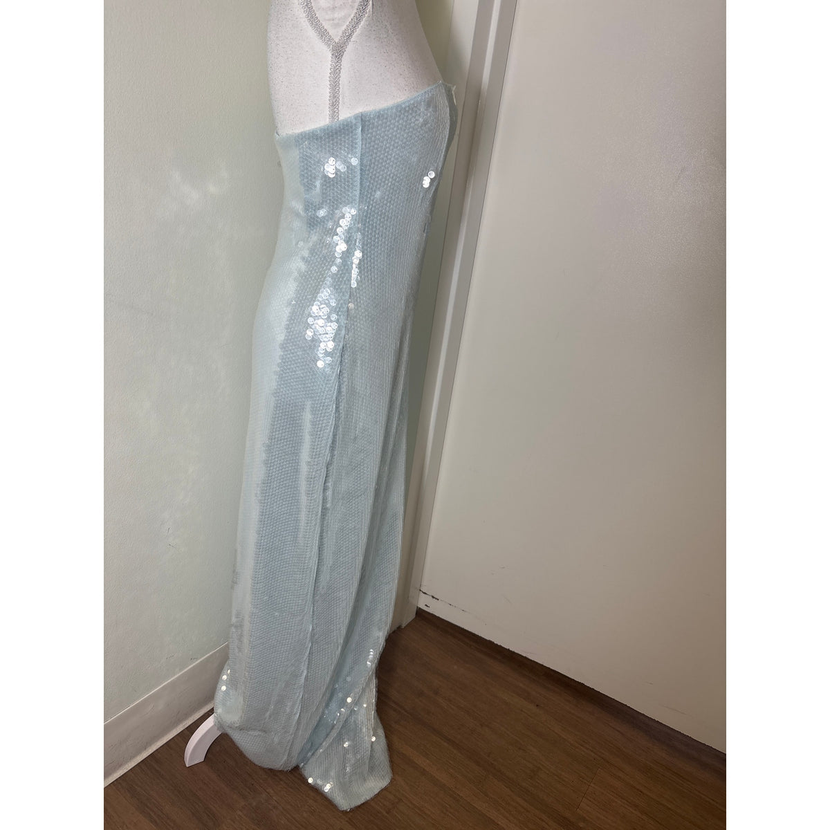 Retrofete New York Strapless Ice Blue With Clear Sequin Column Gown Sz S