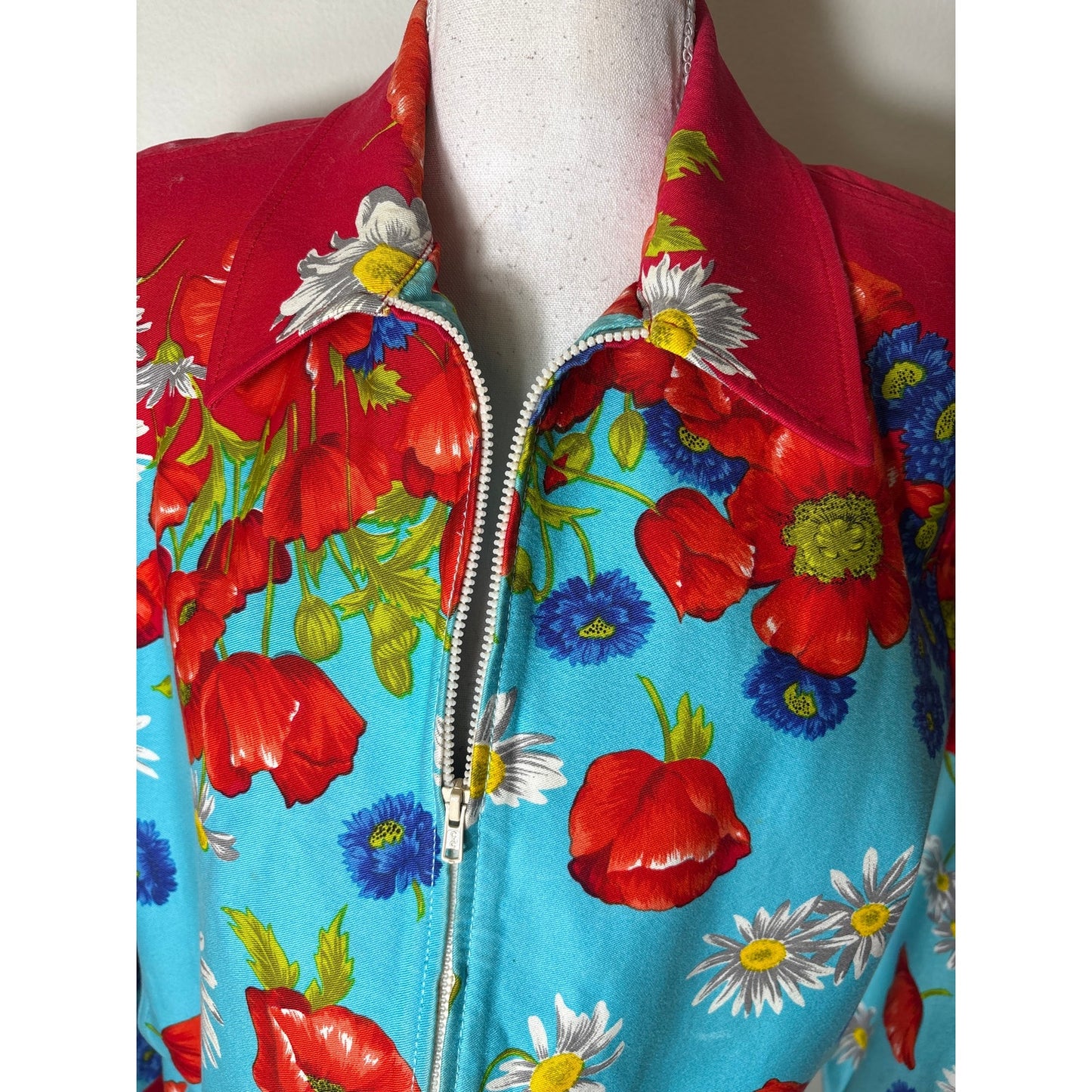 Vintage St. John Sport Teal Red Floral Long Sleeve Zip Up Jacket Sz M