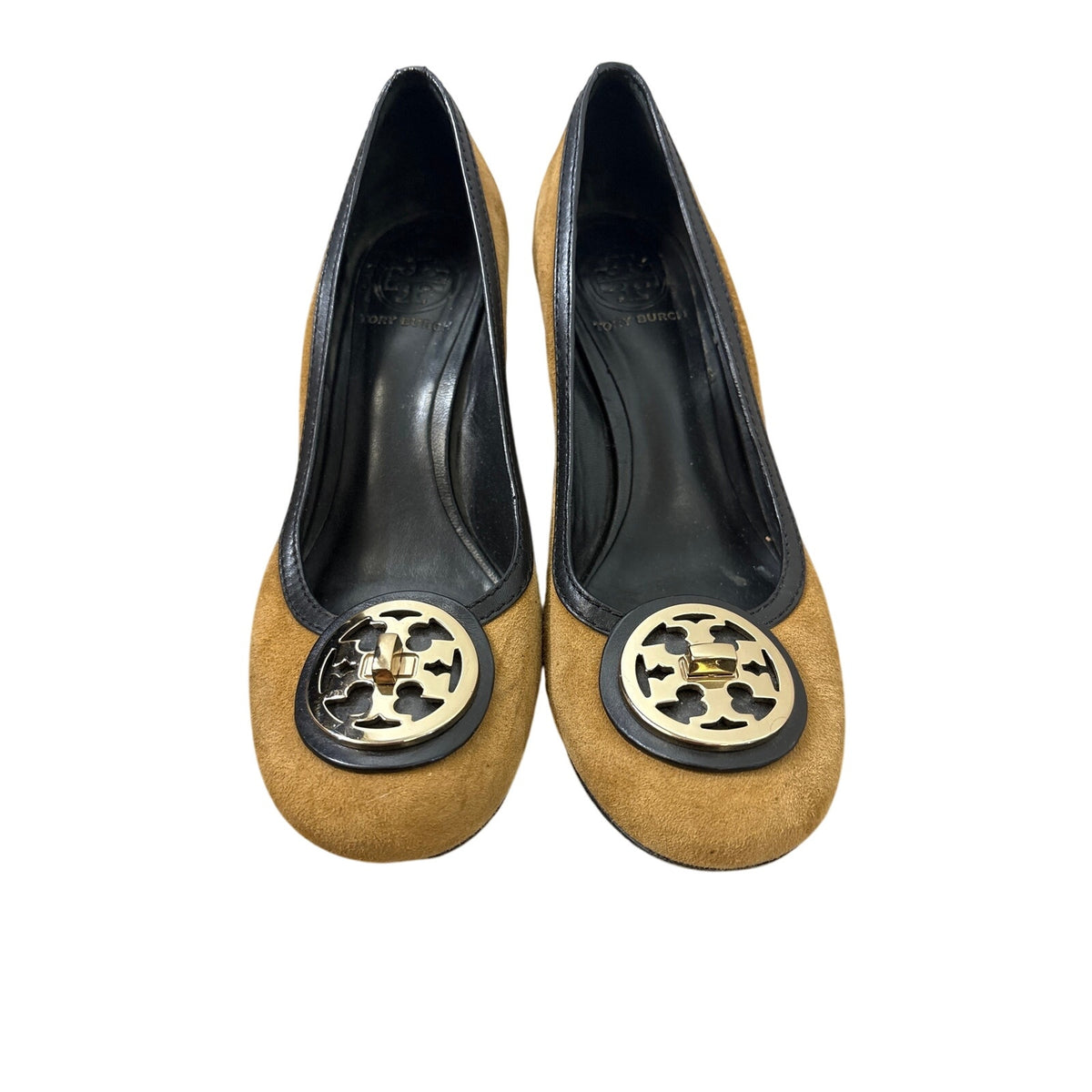 Tory Burch Brown Suede Gold Emblom Heels Sz 8