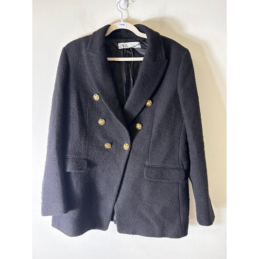 Zara Black Boucle With Gold Button Jacket Sz L