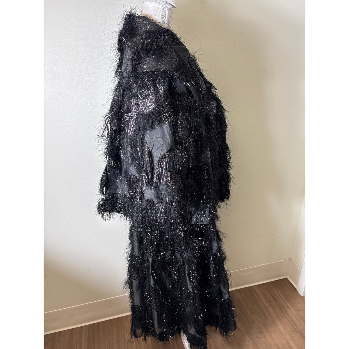 Buru Black  Fringed Car Coat and Skirt Set Sz XS/S