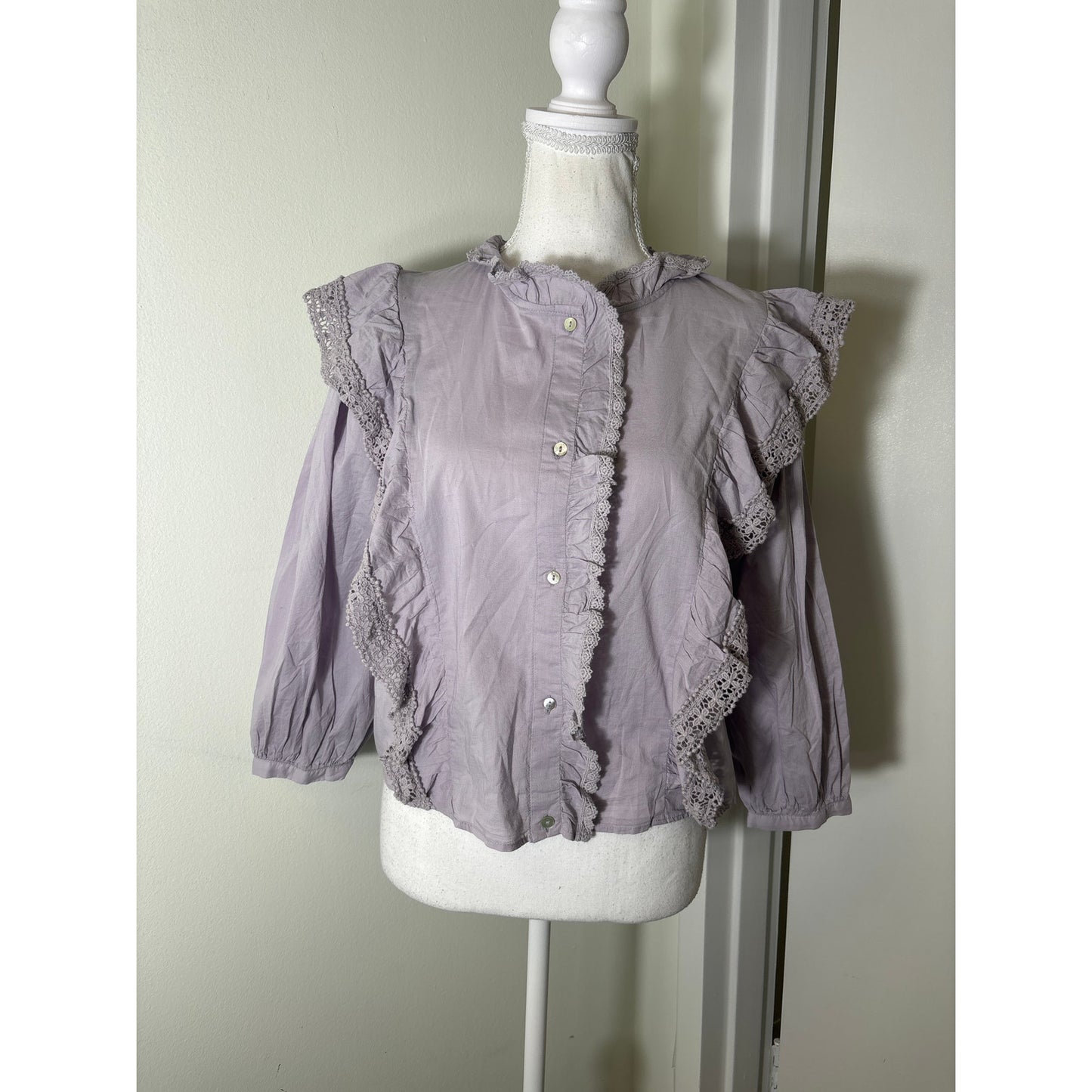 NWT Mango Lavendar Long Puff Sleeve Cotton Button Up Top Sz S
