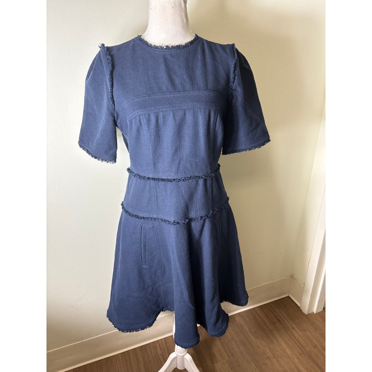 ME+EM Navy Blue Short Sleeve Fringe Mini Dress Sz 8