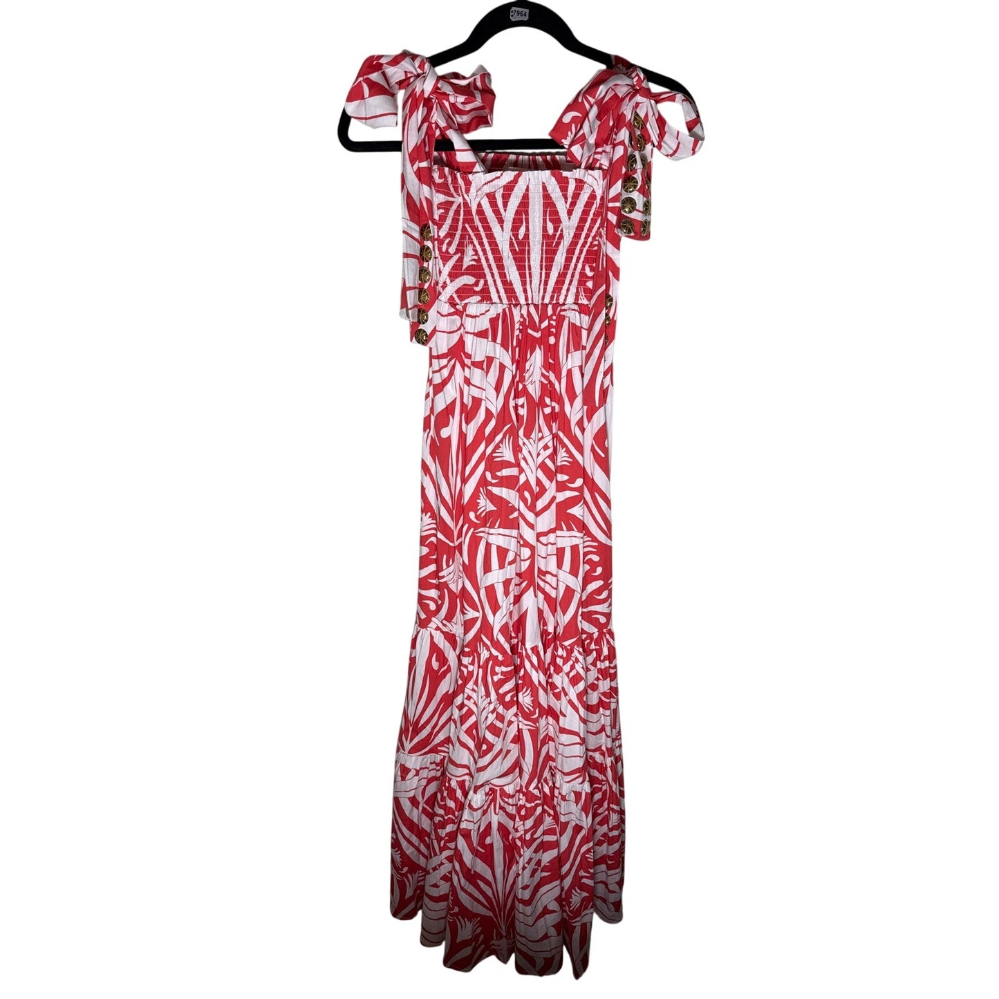 Sheridan French Orangy Pink Smocked Cotton Maxi Dress Sz S