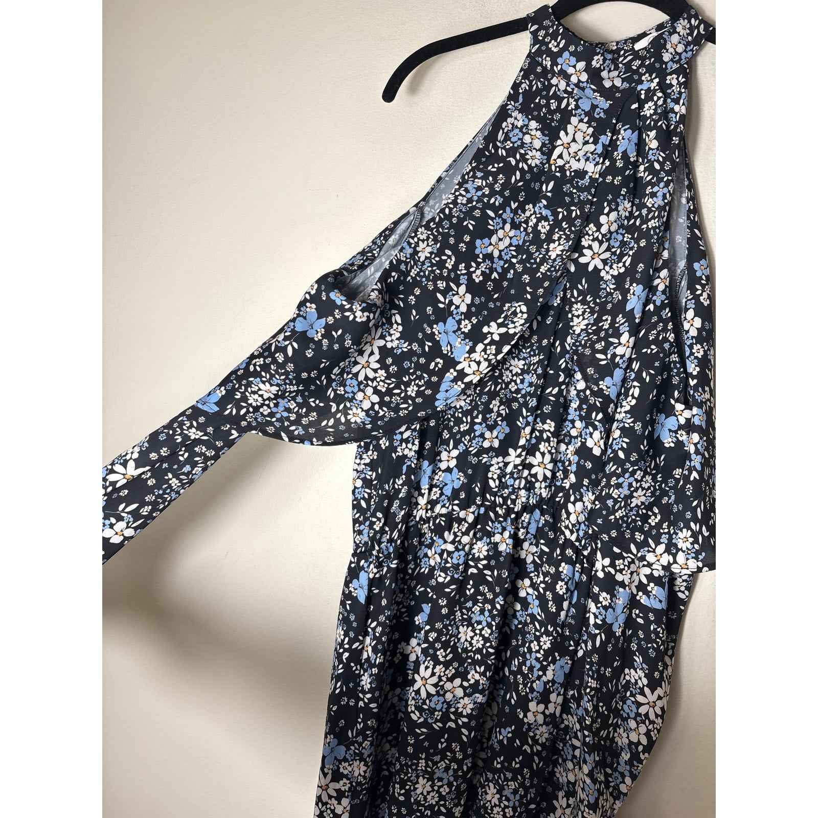 Parker Black Blue Floral Long Sleeve Cold Shoulder Mini Dress Sz S