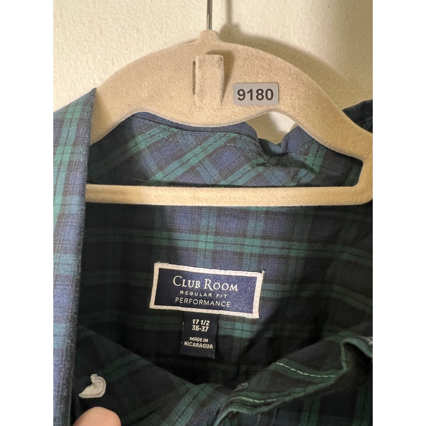 Club Room Mens Regular Fit Button Up Navy and Green Plaid Shirt Sz 17.5,  36/37