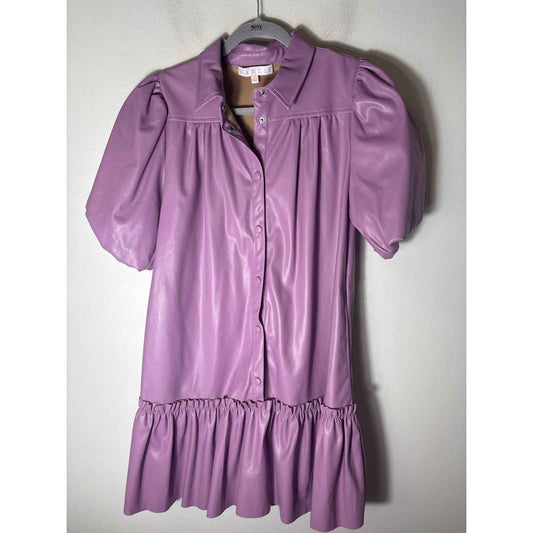Karlie Lavender Short Puff Sleeve Pleather Snap Up Mini Dress Sz M