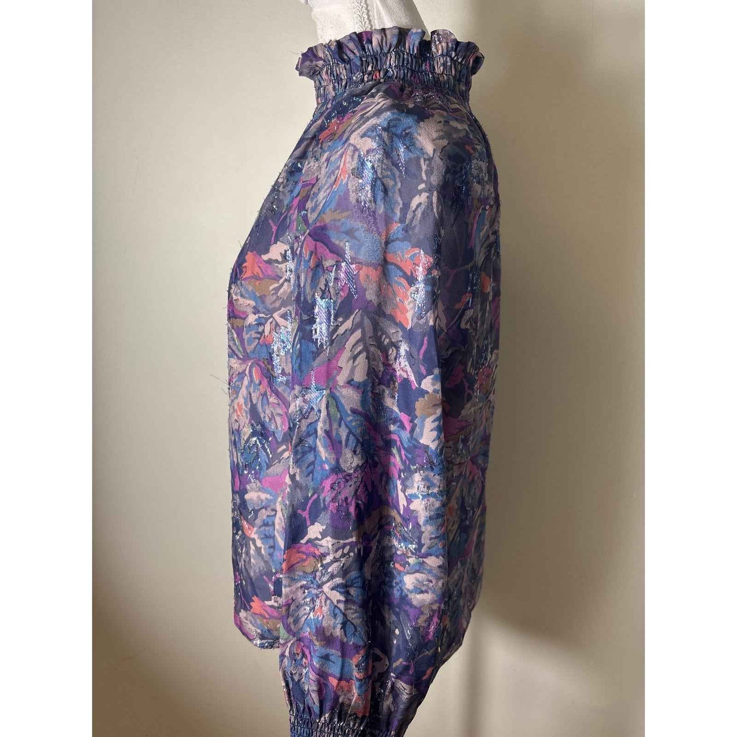 Rebecca Taylor Dark Blue and Purple Long Sleeve High Smocked Neck Blouse Sz 6