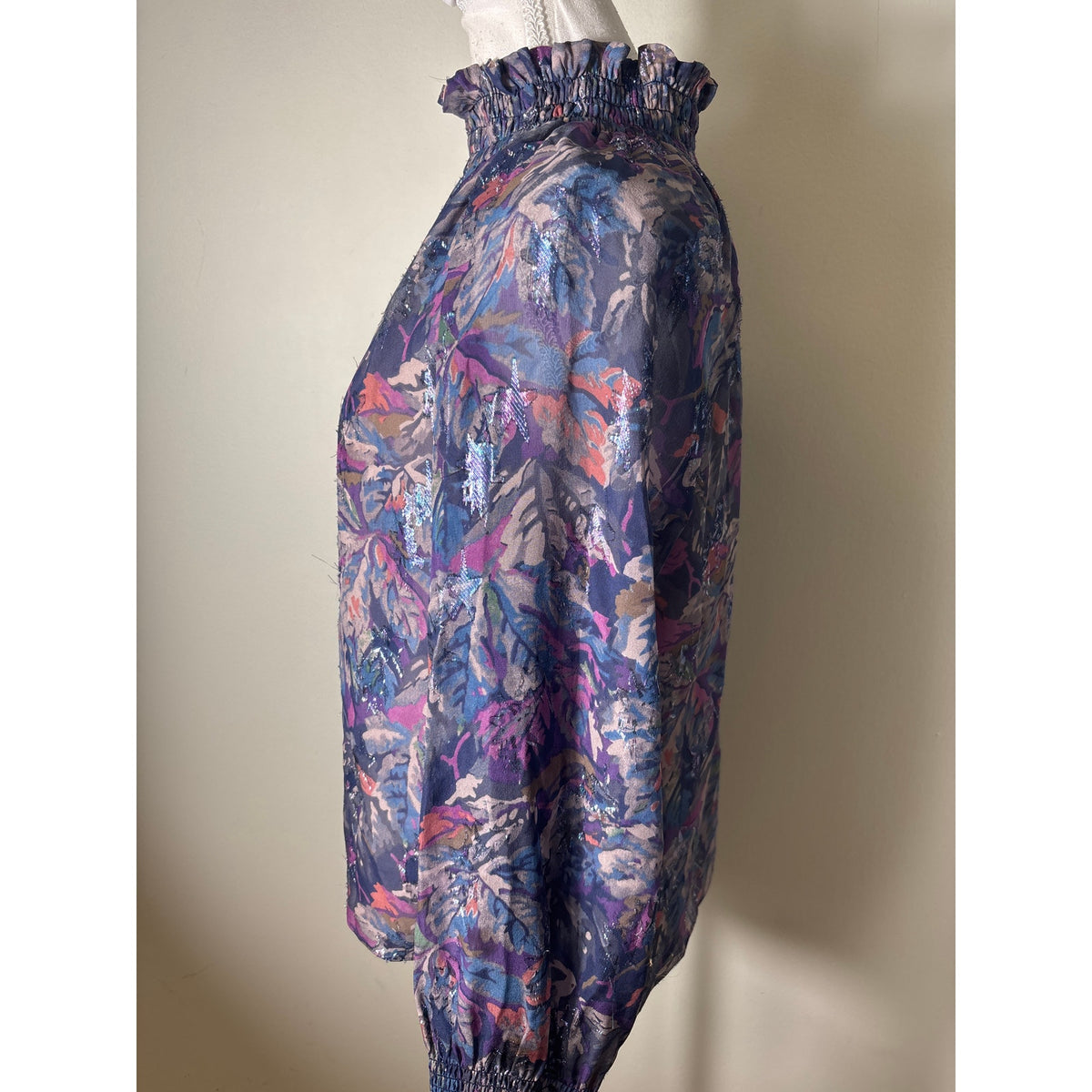 Rebecca Taylor Dark Blue and Purple Long Sleeve High Smocked Neck Blouse Sz 6