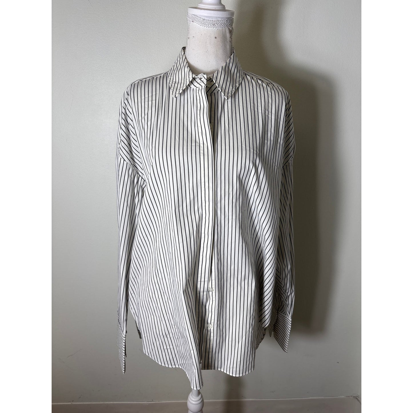 STAUD Off White Dark Gray Stripe Long Sleeve Cotton Button Up Shirt Sz S