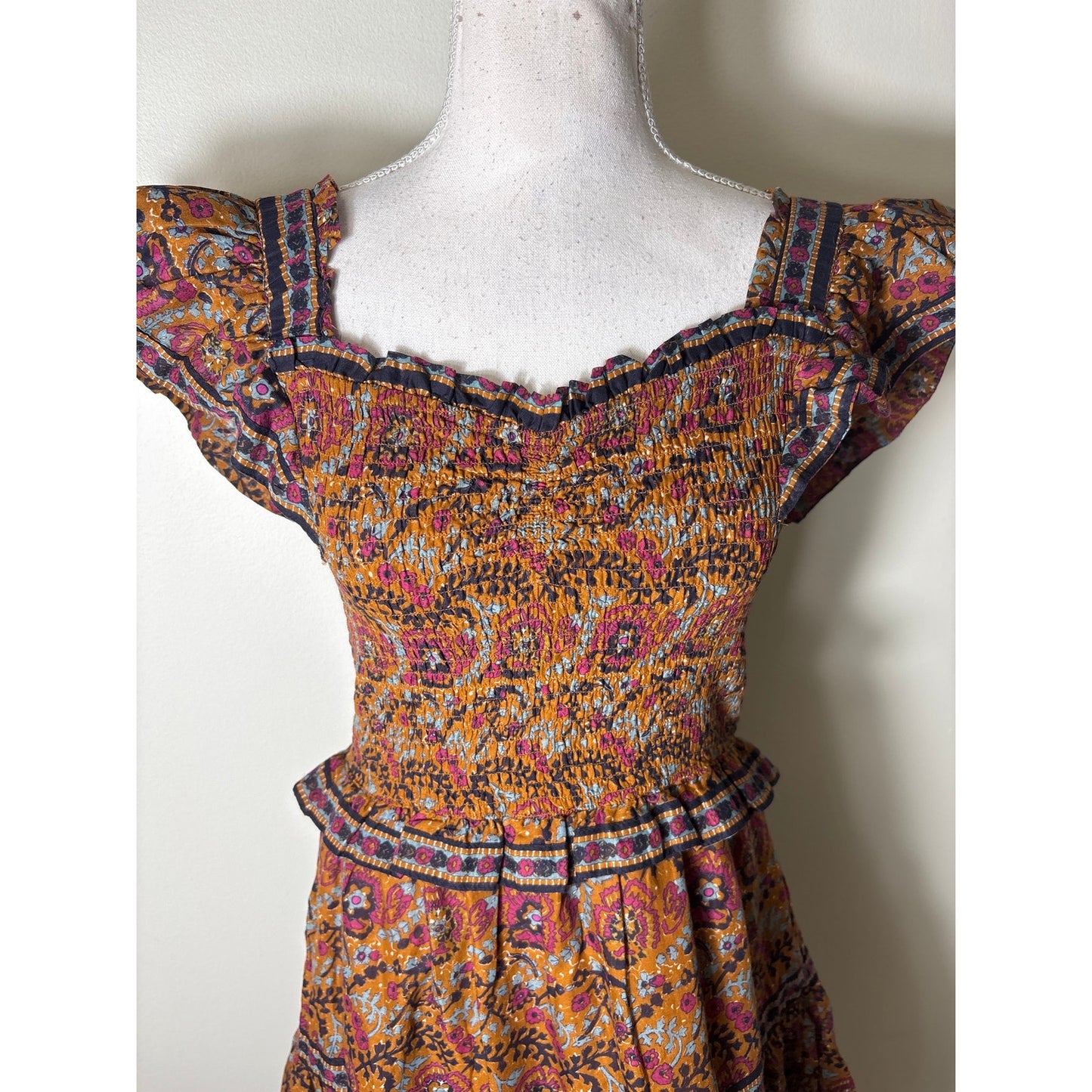 Sea New York Multicolor Flutter Sleeve Cotton Smocked Dress Sz S