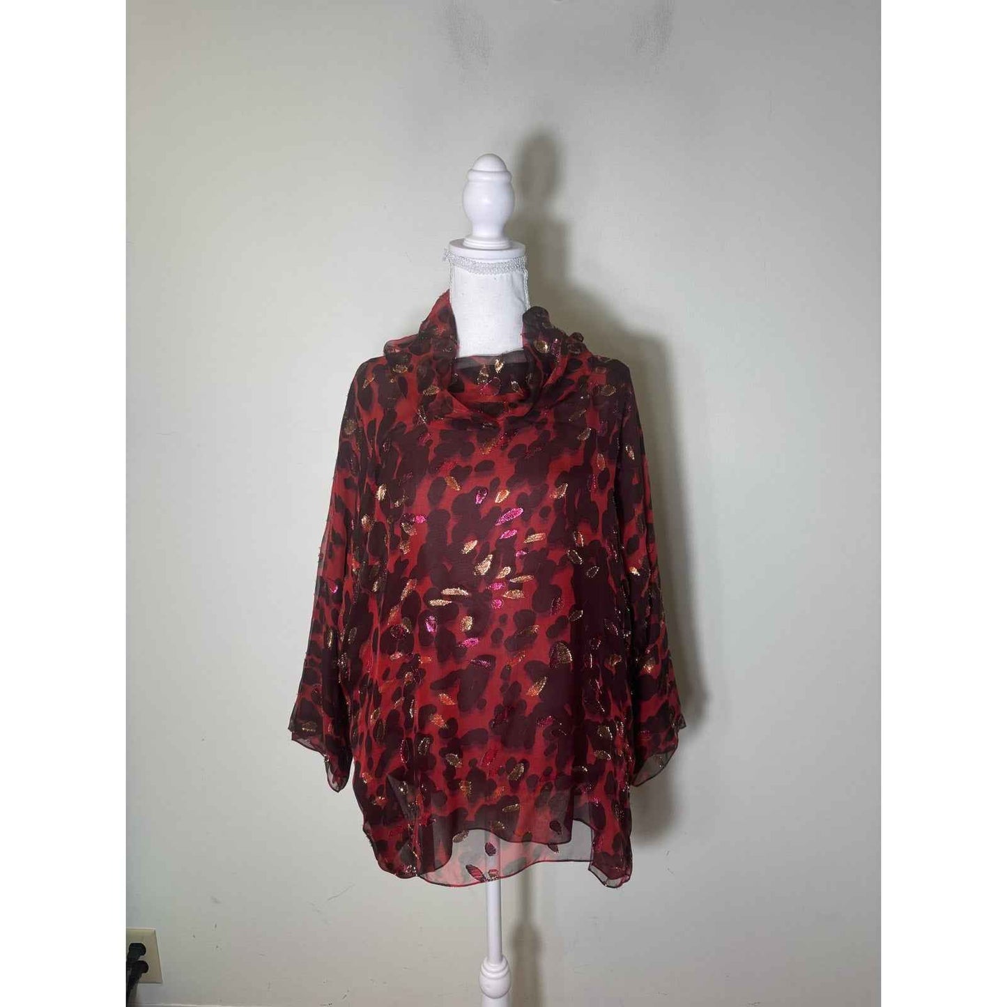 Shamask Red Black Gold Long Sleeve Silk Top Sz 3