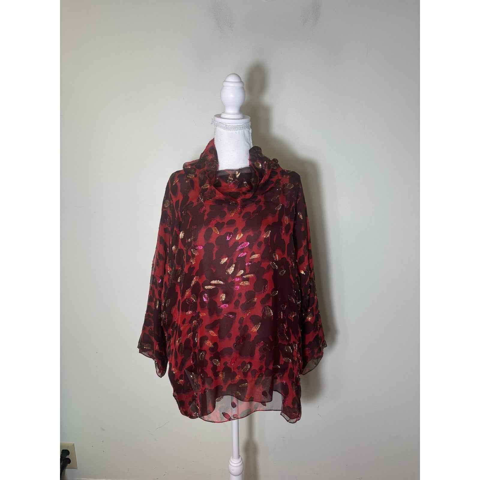 Shamask Red Black Gold Long Sleeve Silk Top Sz 3