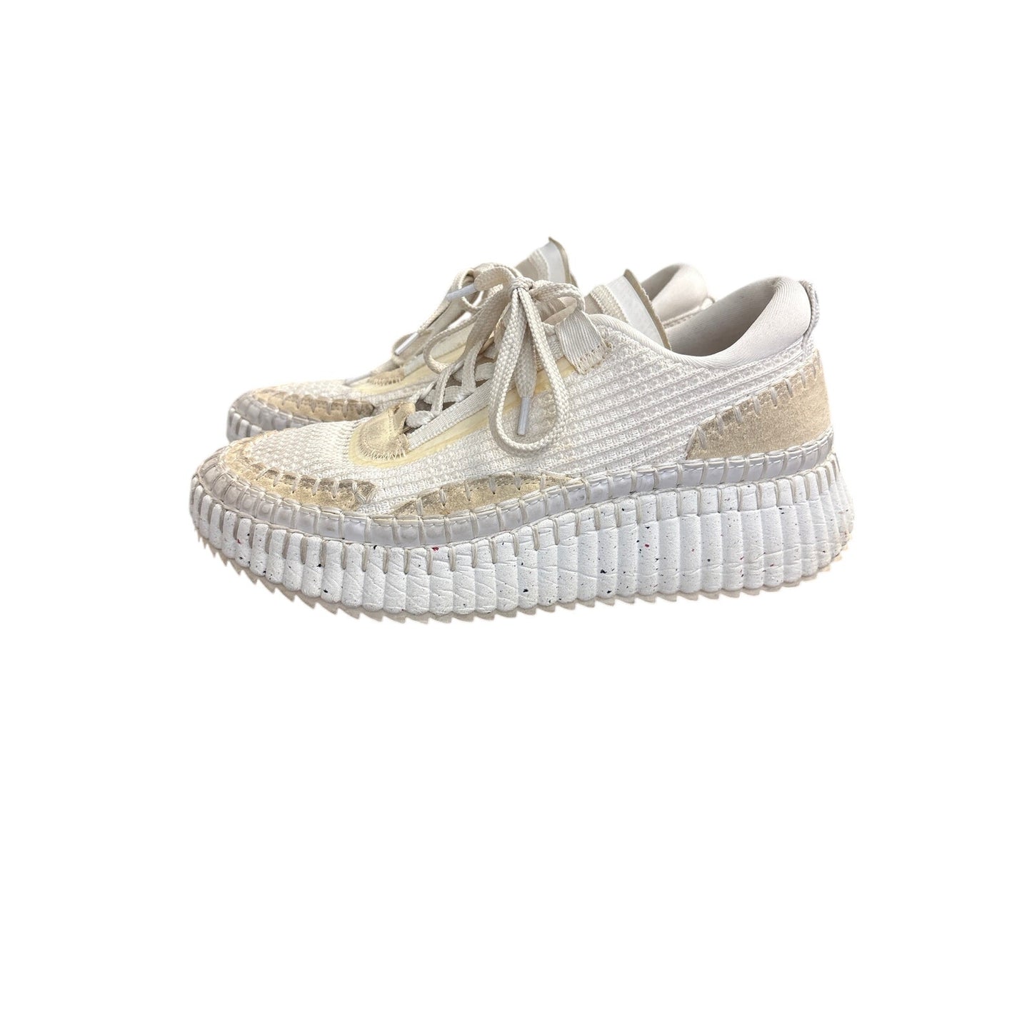 Chloe Leather and Woven Canvas Stacked Tennis Shoes Sz 8/8.5