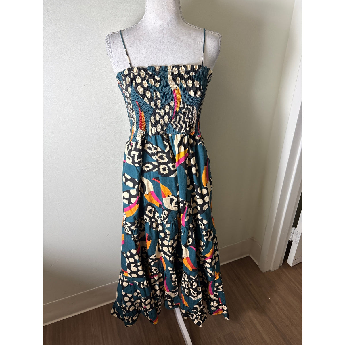 Farm Rio Dark Green Tucan Smocked Cotton Maxi Dress Sz M